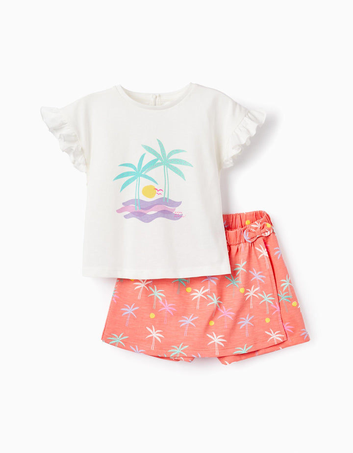 Conjunto camiseta volantes falda palmeras